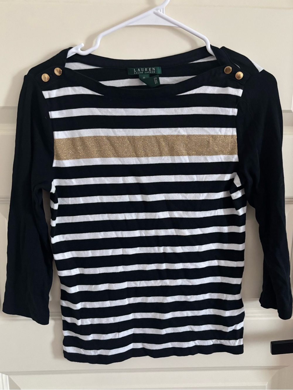 Ralph Lauren Black & White Striped Long Sleeve Top with Gold Accent